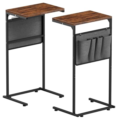 Vantic C Shaped End Table Set of 2, Small Side Table for Couch and Recliner, Slide Under Sofa Tray Desk with Storage Bag for Living Room and Bedroom, Rustic Brown - color: Rustic Brown