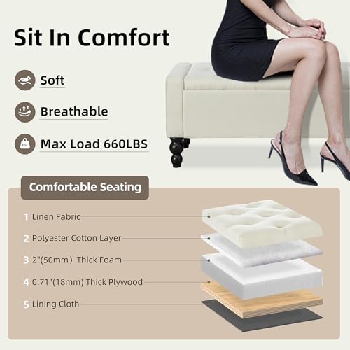 50" W Storage Ottoman Bench with Safety Hinge, Load up to 660 lb Ottoman with Storage, Upholstered Tufted Entryway Bench with Seating for Living Room, Bedroom, (Beige) - color: Beige