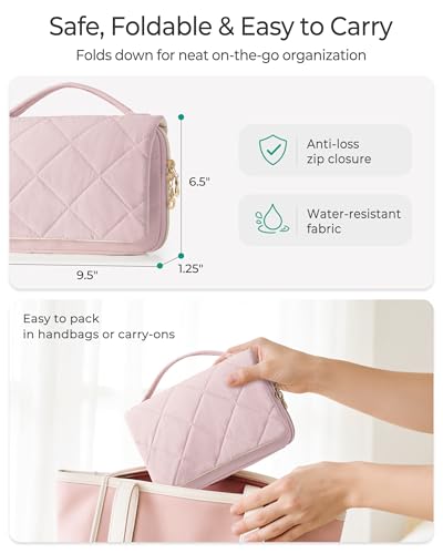 Marscamd Travel Jewelry Organizer Case for Women, Foldable Jewelry Bag for Earrings, Rings, Necklaces, Bracelets, Brooches, Pink - color: Pink