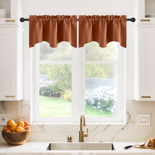 NICETOWN Farmhouse Valance for Kitchen Window - 42 inches by 18 inches Thermal Insulated Scalloped Rod Pocket Kitchen Curtain Tiers Drapery Panel for Home Decor, Burnt Orange, 1 Panel - color: Burnt Orange, size: 42"W x 18"L (Pack of 2)