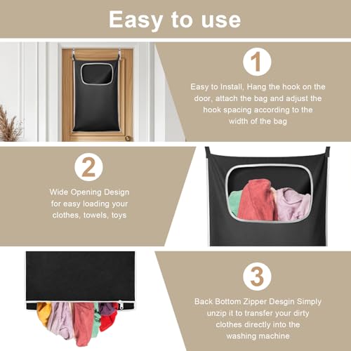 Hanging Laundry Hamper, Over the Door Laundry Hamper with Wide Opening and Full-Length Zipper, Easy Storage & Access, Space Saving for Bathroom, Bedroom, Dorm, Travel (Black)