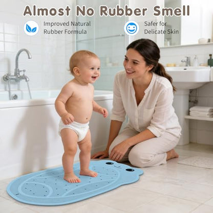 Upgraded Bathtub Mat Non Slip, Kids Bath Mat 30"x 18", Bath Mat for Tub Non Slip with Strong Suction and Textured Surface, Natural Rubber Latex Free PVC Free Safe for Baby, Frog Pattern, Blue - color: Blue