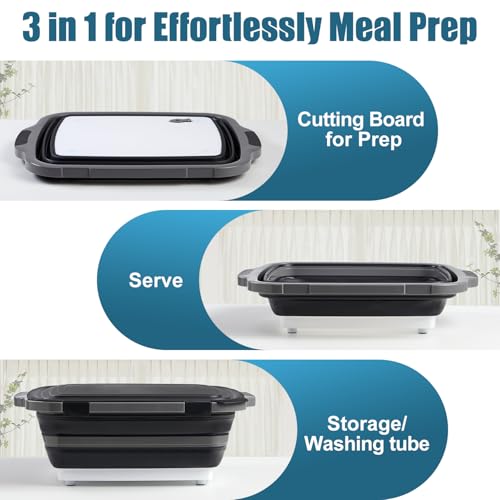 2-Pack Collapsible 3-in-1 BBQ Prep Tub with Locking Lid | Folding Cutting Board, Marinating & Washing Container, Locking Lid for Easy Storage - Kitchen & BBQ Must-Have