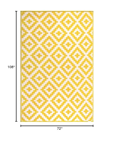 FH Home Outdoor Rug - Waterproof, Fade Resistant, Reversible - Premium Recycled Plastic - Geometric - Large Patio, Deck, Sunroom, Camping, RV - Aztec - Yellow & White Crease Free - 6 x 9 ft - color: Aztec - Yellow & White, size: 6' x 9' (Rectangular)