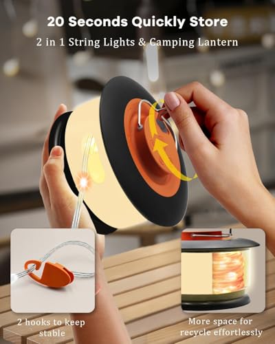 HOMEBEST Upgraded 33FT RGB Camping String Lights, Retractable Camping Lights with Music Sync, 19 Modes, Rechargeable Waterproof Tent Lights, Portable Camping Lantern for Tent, RV, Awning - color: Black&Orange