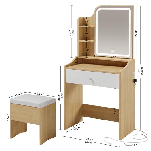 LIKIMIO Small Makeup Vanity Desk with Mirror and Lights, Vanity Table Set with Storage Drawer, Chair and Three Shelves, Bedroom, Wood - color: Wood