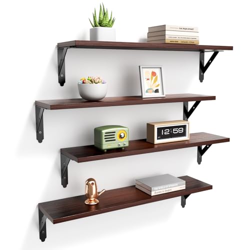 ROMGUAR CRAFT Wood Floating Shelves Set of 4, Rustic Storage Decor Wall Shelves, Wall Mounted Shelf for Living Room, Bedroom 23.6" x 6", Brown - color: Brown, size: 23.6" x 6"