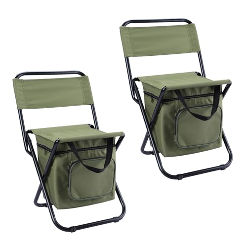 LEADALLWAY Fishing Chair with Cooler Bag Compact Fishing Stool Foldable Small Hunting Chair 12.2" Seat Depth,12.6" Seat Width - color: Green X2