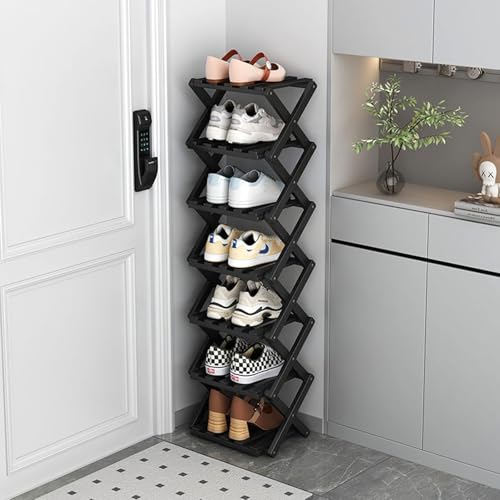Vertical Narrow Shoe Rack Black, 7 Tier Portable Folding Shoe Storage Rack, Without Installation Free Standing Shoe Rack for Corridors, Bedrooms Living Room Corner and Small Spaces - size: 7 Tier&Black