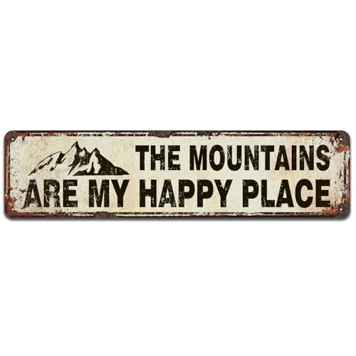 The Mountains Are My Happy Place Sign, Rustic Tin Signs 4x16 Inch - color: V-142