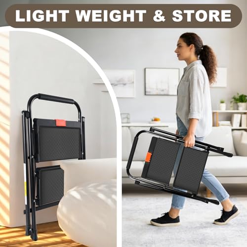 Valeo 2 Step Ladder, 2 Step Ladder for Adults with with Safe-Lock Design, Wide Anti-Slip Pedal, 500lbs Sturdy Steel Ladder, Step Stool Foldable with Cushioned Handle,Black - style: 2 Step Ladder