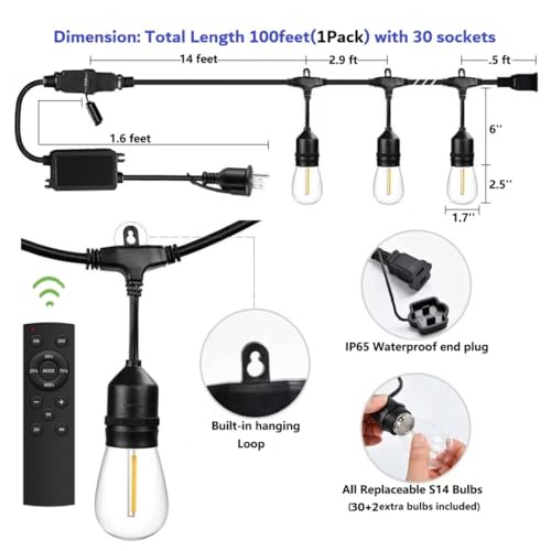 100FT Outdoor String Lights Remote Control Patio Lights Waterproof Commercial Grade, 30+2 Replaceable Dimmable Edison Bulbs, Black 1Pack, Linkable, Hooks and Zip Ties Included - size: 100 feet(Remote)
