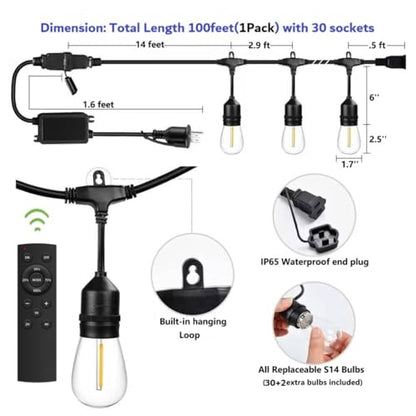 100FT Outdoor String Lights Remote Control Patio Lights Waterproof Commercial Grade, 30+2 Replaceable Dimmable Edison Bulbs, Black 1Pack, Linkable, Hooks and Zip Ties Included - size: 100 feet(Remote)