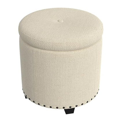 HomePop 18.5" Round Storage Ottoman with Nailheads - Cream Woven - color: Cream Woven