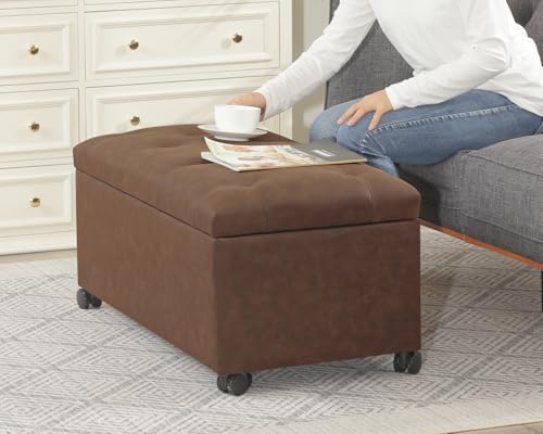 Joveco Storage Ottoman Bench 35" Faux-Leather Rectangular Tufted Ottomans Storage Room Organizer with Wheels(Matte Chocolate) - color: Matte Chocolate With Wheels