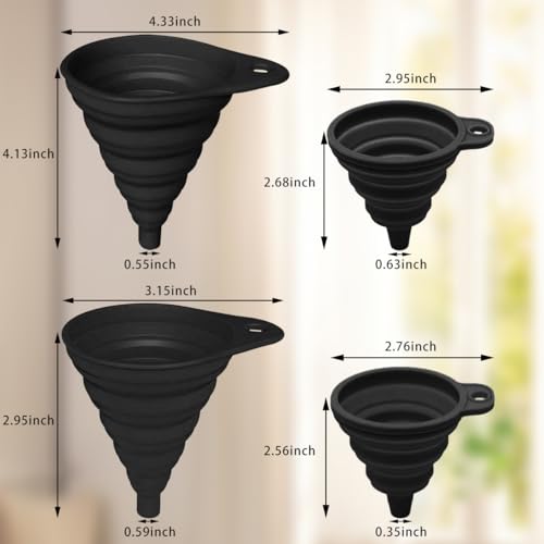 Kitchen Funnel Set 4 Pack, Small and Large, Kitchen Gadgets Accessories Foldable Silicone Collapsible Funnels for Filling Water Bottle Liquid Transfer Food Grade(Black) - color: Black