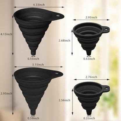 Kitchen Funnel Set 4 Pack, Small and Large, Kitchen Gadgets Accessories Foldable Silicone Collapsible Funnels for Filling Water Bottle Liquid Transfer Food Grade(Black) - color: Black