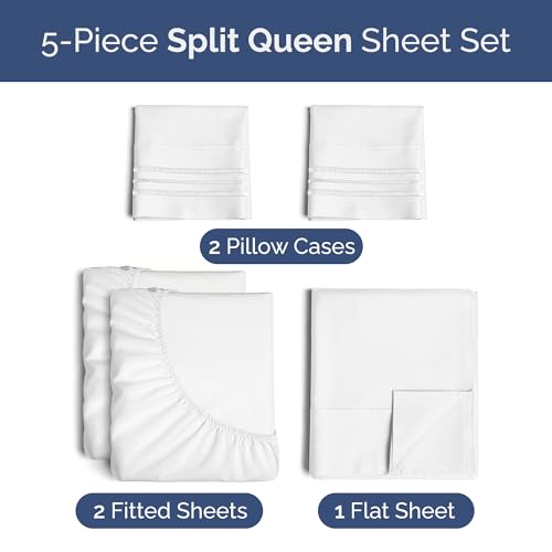 Split Queen Sheets - Easy-Fit, Wrinkle-Resistant, Designed for Split Queen Mattress – Split Queen Sheets Sets Fits 14" to 16" Deep Pockets – Premium Extra Soft, Queen Split Fitted Sheet Set – White - color: 01- White, size: Split Queen Size