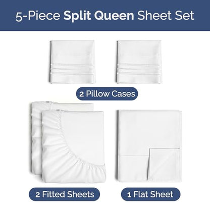 Split Queen Sheets - Easy-Fit, Wrinkle-Resistant, Designed for Split Queen Mattress – Split Queen Sheets Sets Fits 14" to 16" Deep Pockets – Premium Extra Soft, Queen Split Fitted Sheet Set – White - color: 01- White, size: Split Queen Size