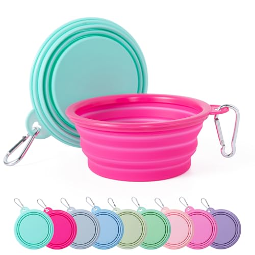 SLSON Collapsible Dog Bowl, 2Pack Macaron Color Pet Travel Bowls Silicone Foldable Water Feeder Dish for Small to Large Dogs Cat Walking Hiking Camping (Macaron Bright Pink and Bright Green, Small) - color: Macaron Bright Pink and Bright Green, size: Smal
