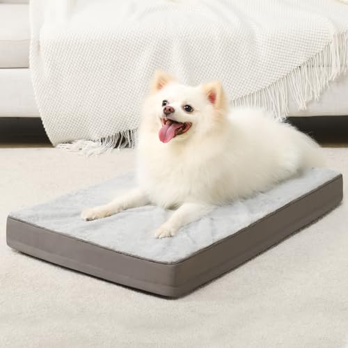 KSIIA Orthopedic Dog Bed - Waterproof Crate Bed for Small Dogs, Deluxe Plush Washable with Egg Crate Foam & Removable Cover, 23 x 17 Inch, Gray - color: Light Grey, size: 23.0"L x 17.0"W x 3.0"Th
