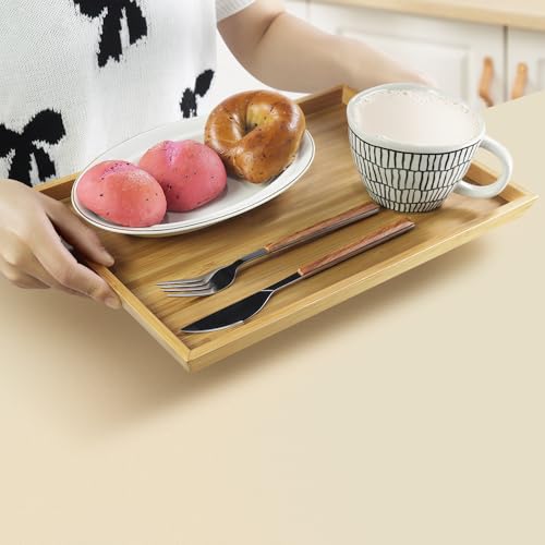 BFTOU 2pcs Rectangular Bamboo Serving Tray for Eating Drinks Storage Snacks TV Breakfast Coffee Parties Bathroom(13.8"x 10.2"x 0.8")