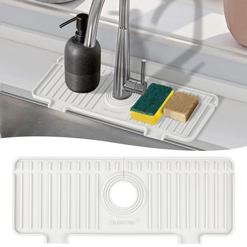 Amerner Kitchen Sink Splash Guard, Silicone Faucet Guard & Draining Mat, Bathroom and Kitchen Sink Organizer, Sink Faucet Mat Water Splash Guard Behind Faucet Accessories Gadgets, 14.2” x 5.1”, White - color: White, size: 14 IN