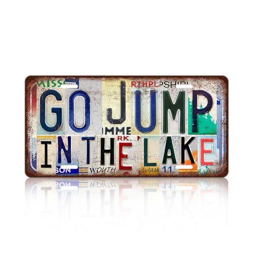 Vintage Wall Decor Go Jump In The Lake License Plate | Lakehouse Metal Sign Tin Signs - color: plate-A-03
