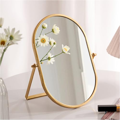 Tabletop Mirrors Makeup Mirror Portable Vanity with Metal Frame Desk Table Mirror with 180°Adjust Dressing Room Rotate Good for Bedroom Bathroom - color: Gold, size: 8.8"L x 5.9"W
