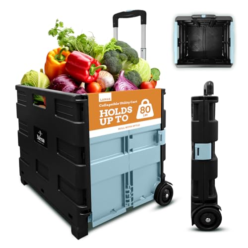 Inspired Living Ultra-Slim Rolling Collapsible Storage Pack-N-Roll Utility-carts, with Telescopic Handle, for Home, Garden, Shopping, Office, School use, Large, Baby Blue & Black - color: Baby Blue, size: Large/ No Lid