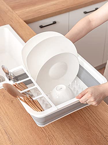 J&V TEXTILES Collapsible Dish Drying Rack - Popup for Easy Storage, Drain Water Directly into The Sink, Room for Eight Large Plates, Sectional Cutlery and Utensil Compartment, Compact (Blue) - color: Blue