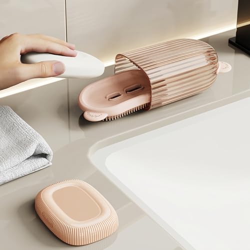 Travel Soap Case Container Leakproof Bar Soap Box with Lid Soap Holder with Draining Layer and Silicone Brush Portable Soap Dishes for Traveling Camping Gym Shower Outdoor (Pink) - color: Pink