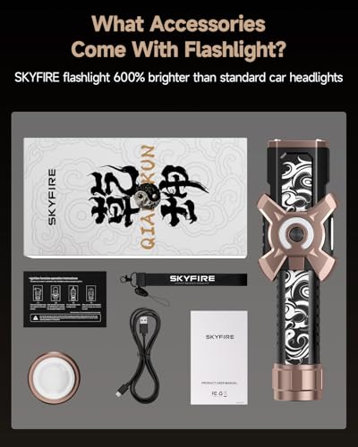 SKYFIRE 4000 Lumens Rechargeable Flashlight, Tactical LED Flashlight with Ignition Lens, USB-C Fast Charging, Zoomable 6 Modes & COB Side Light, IPX6 Waterproof for Camping Emergency Power Outage