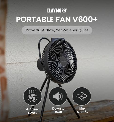 Claymore V600+ Black Rechargeable Portable Fan – 7,800mAh Battery, 4-Speed BLDC Ultra-Quiet Air Circulator USB-C Charging 32 Hrs Runtime Tripod Mountable Adjustable for Camping, Indoor, Outdoor - style: V600+ (Black)