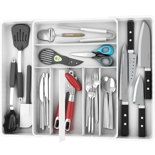 Simple Houseware Expandable & Adjustable Cutlery Drawer Organizer - Large Utensil and Flatware Tray for Kitchen Drawers, White - color: White