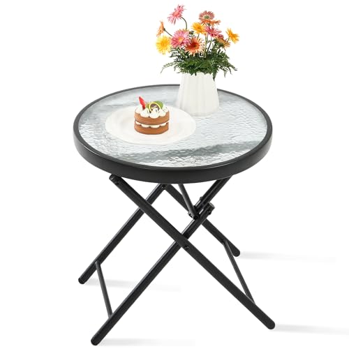 HOMEFUN Outdoor Side Tables - Folding Patio End Table with Tempered Glass Tabletop, Portable Bistro Coffee for Porch Yard, Balcony, Garden, Deck, Poolside, Transparent Glass - color: Transparent