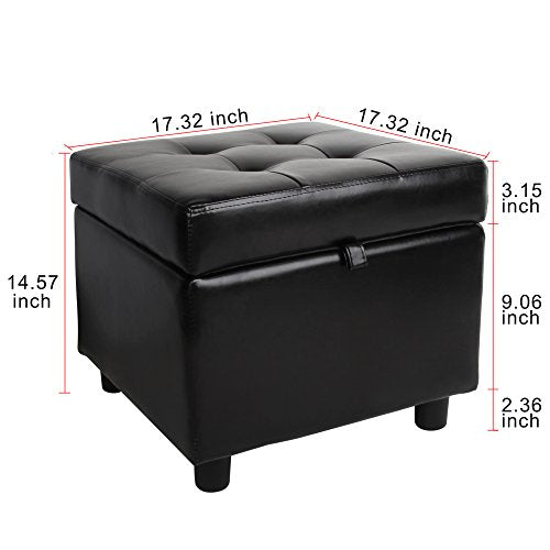 H&B Luxuries Tufted Leather Square Flip Top Storage Ottoman Cube Foot Rest (Black) - color: Black