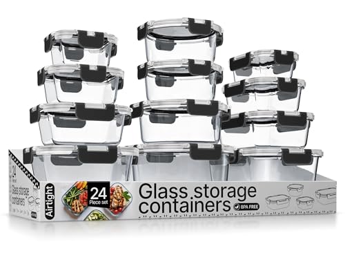 Bakken Borosilicate Glass Food Storage Containers with Lids 24 Pieces, BPA-Free Stackable Lunch & Leftover Containers, Microwave, Freezer & Dishwasher Safe, 100% Airtight Leak-Proof, Black - color: Black