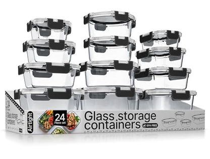 Bakken Borosilicate Glass Food Storage Containers with Lids 24 Pieces, BPA-Free Stackable Lunch & Leftover Containers, Microwave, Freezer & Dishwasher Safe, 100% Airtight Leak-Proof, Black - color: Black