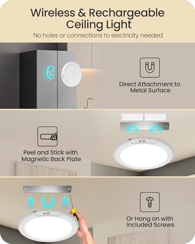 Rechargeable Motion Sensor Ceiling Light with Remote, Wireless Ceiling Light Battery Operated, No Wiring, Magnetic, Dimmable Shower Light, Timer, 3 Color 6000K, Rechargeable Light for Closet Hallway - style: 3 Color Temperatures