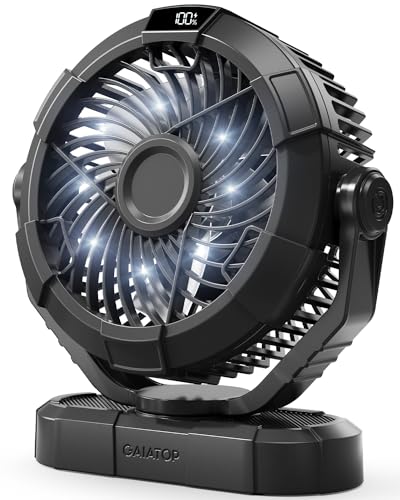 Gaiatop Portable Camping Fan with LED Lantern, Power Display 360° Head Rotation, Hanging Hook for Tent, 3 Speed Quiet Rechargeable Battery Operated USB Fans for Indoor Outdoor Travel Black