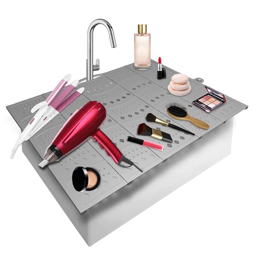 Mofason Bathroom Sink Top Cover Space Saver,Silicone Makeup Organizer Mat for Over Countertop,Small Bathroom Must Haves Accessories Rv Camper Travel Foldable Gadgets-Grey - color: Gray, size: 20.2 x15.8 inch