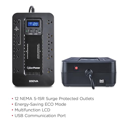 CyberPower EC850LCD Ecologic UPS Battery Backup and Surge Protector, 850VA/510W, 12 Outlets, ECO Mode, Compact, UL Certified - style: 850VA LCD