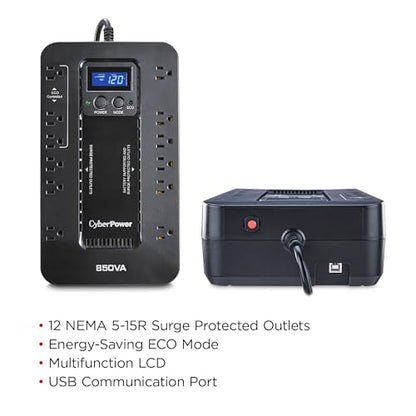 CyberPower EC850LCD Ecologic UPS Battery Backup and Surge Protector, 850VA/510W, 12 Outlets, ECO Mode, Compact, UL Certified - style: 850VA LCD