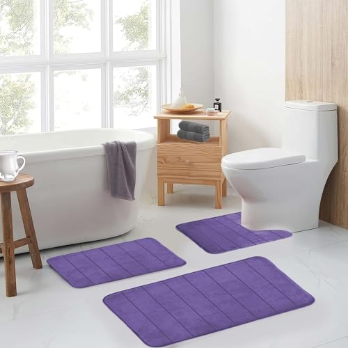 RUN HELIX Lavender Bathroom Rug Set 3 Pieces Ultra Soft, Striped Non Slip Memory Foam Toilet Mat, Absorbent Plush Shaggy Bath Mats for Bathroom, Bedroom, Kitchen - color: Lavender