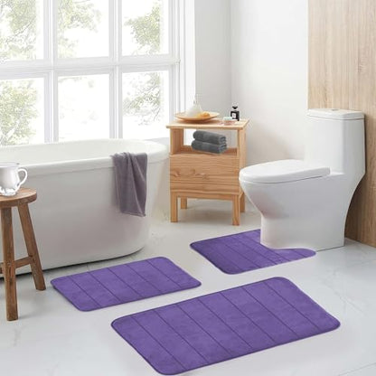 RUN HELIX Lavender Bathroom Rug Set 3 Pieces Ultra Soft, Striped Non Slip Memory Foam Toilet Mat, Absorbent Plush Shaggy Bath Mats for Bathroom, Bedroom, Kitchen - color: Lavender