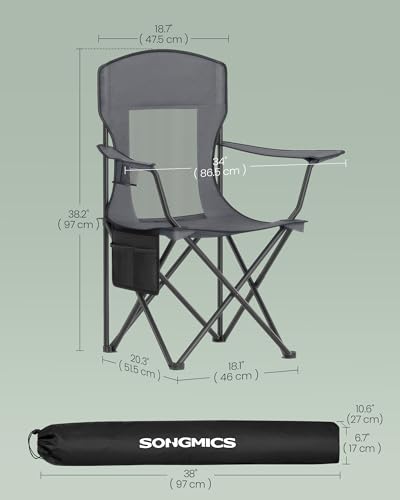 SONGMICS 2 Pack Breathable Camping Chairs, 330 lb Capacity Foldable Outdoor Chairs, High Back, Adjustable Armrests & Cup Holder, for Sports Garden Backyard, Slate Gray UGCB028G01 - color: Grey, style: 2PC (20.3"D x 34"W x 38.2"H)