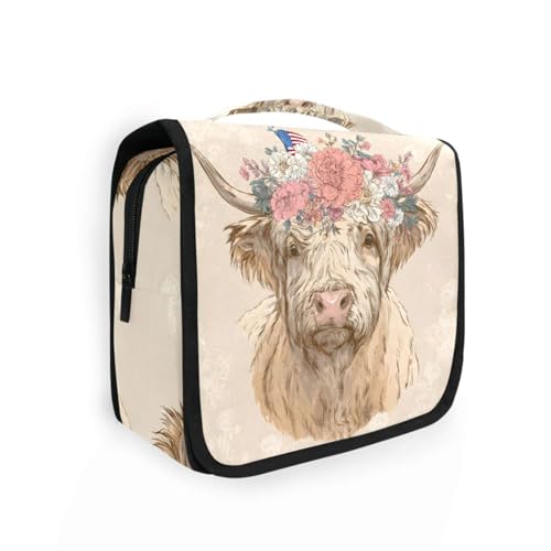 Retro Flower Highland Cow Hanging Toiletry Makeup Bag Travel Organizers Toiletries Cosmetics Bag for Women - color: Flower Highland Cow