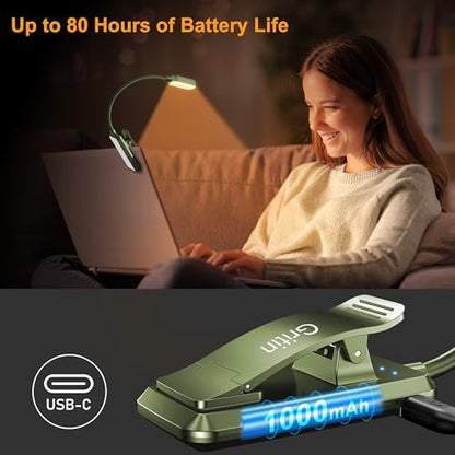 Gritin 16 LED Rechargeable Book Light for Reading in Bed- Eye Caring 3 Color Temperatures, Stepless Dimming Brightness, 80 Hrs Runtime, Lightweight Flexible Clip on Light for Book Lovers-Dark Green | Eye Caring 3 Color Temperatures, Stepless Dimming Brigh