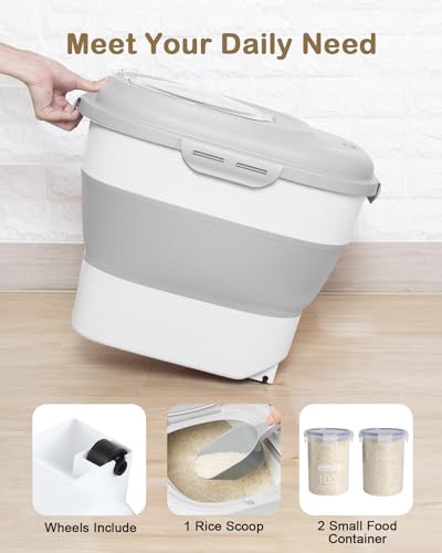 20-50 Lbs Food Storage Container With Wheel, Airtight Locking Lid, Collapsible Rice Container, Flour Storage With Small Container and Scoop, Suitable for Pet Food - color: Grey/20-50LBS